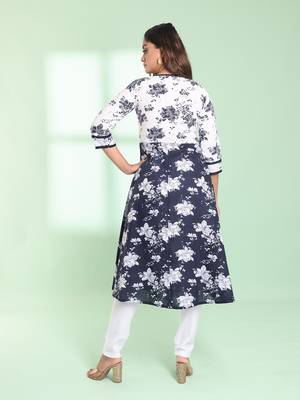 Navy blue cotton floral printed fit & flare kurta set 4