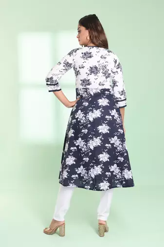 Navy blue cotton floral printed fit & flare kurta set