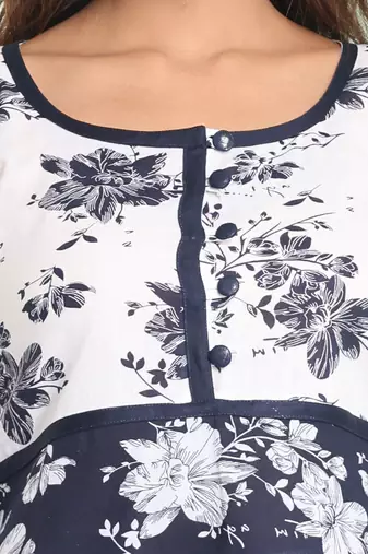 Navy blue cotton floral printed fit & flare kurta set