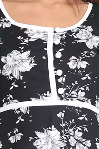 Black cotton floral printed fit & flare kurta set