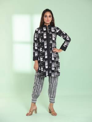 Black cotton abstract printed straight kurta set 1