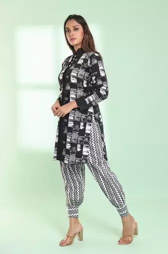 Black cotton abstract printed straight kurta set