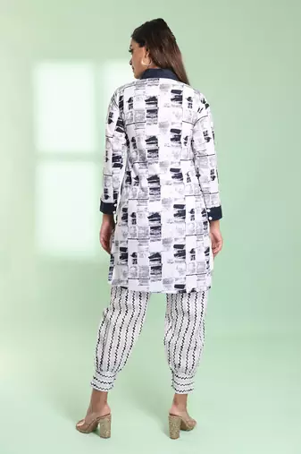 White cotton abstract printed straight kurta set