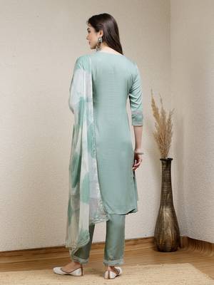 Women's Solid Rayon A-Line Kurta Pant Dupatta Set 2