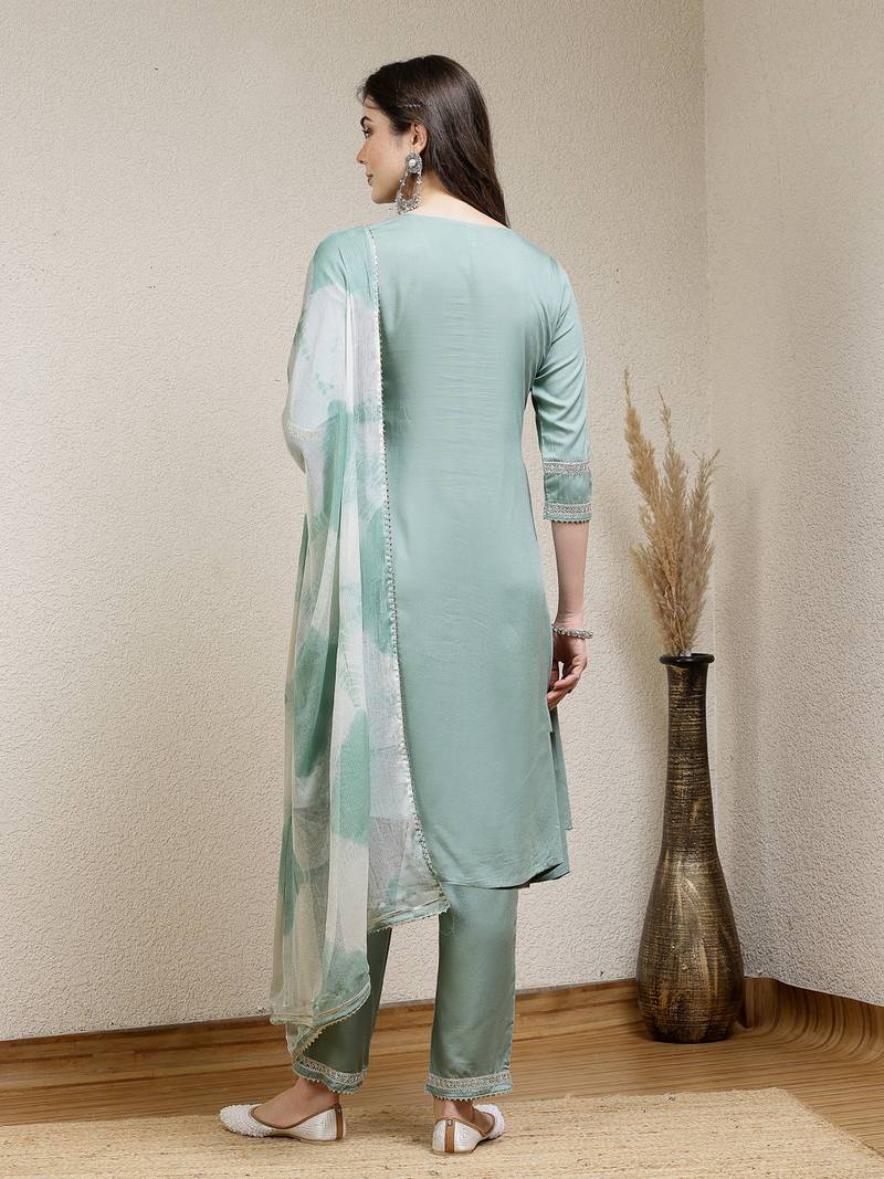 Women's Solid Rayon A-Line Kurta Pant Dupatta Set