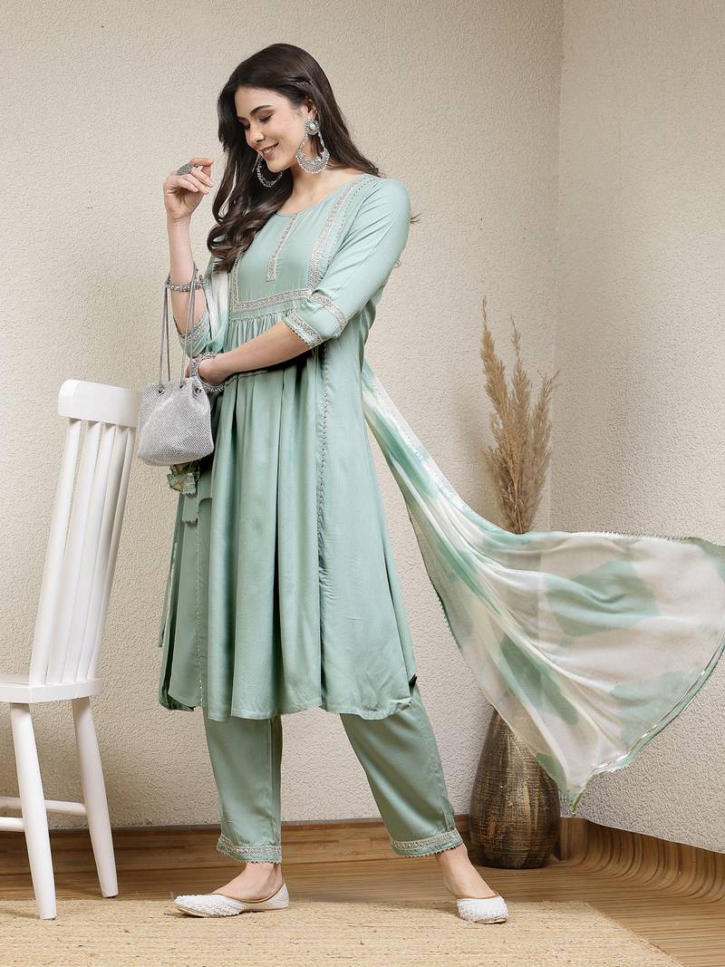Women's Solid Rayon A-Line Kurta Pant Dupatta Set