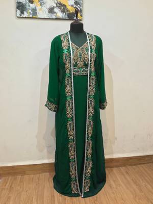 Dark Green color Full Sleeves Handmade Two Piece Jacket Style Moroccan Kaftan 1