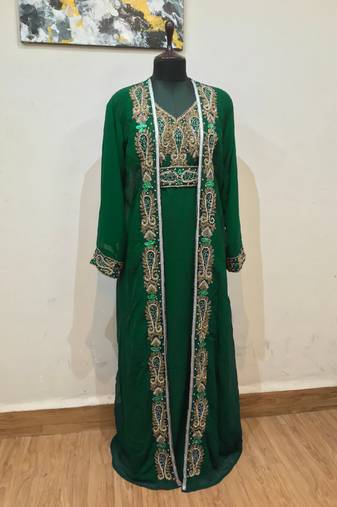Dark Green color luxurious Full Sleeves Handmade Two Piece Jacket Style Moroccan Kaftan.