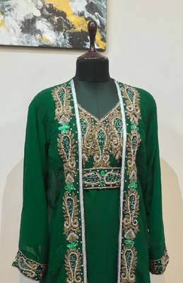 Dark Green color Full Sleeves Handmade Two Piece Jacket Style Moroccan Kaftan 2