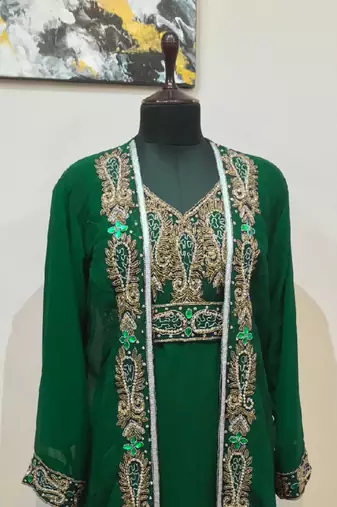 Dark Green color Full Sleeves Handmade Two Piece Jacket Style Moroccan Kaftan