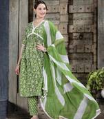 Women's Floral Printed Cotton Naira Cut Kurta Pant Dupatta Set