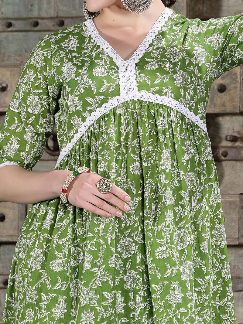 Women's Floral Printed Cotton Naira Cut Kurta Pant Dupatta Set