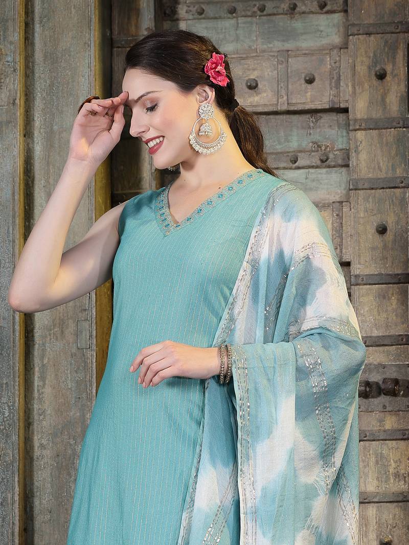 Women's Woven Designed Cotton Blend Straight Kurta Pant Dupatta Set