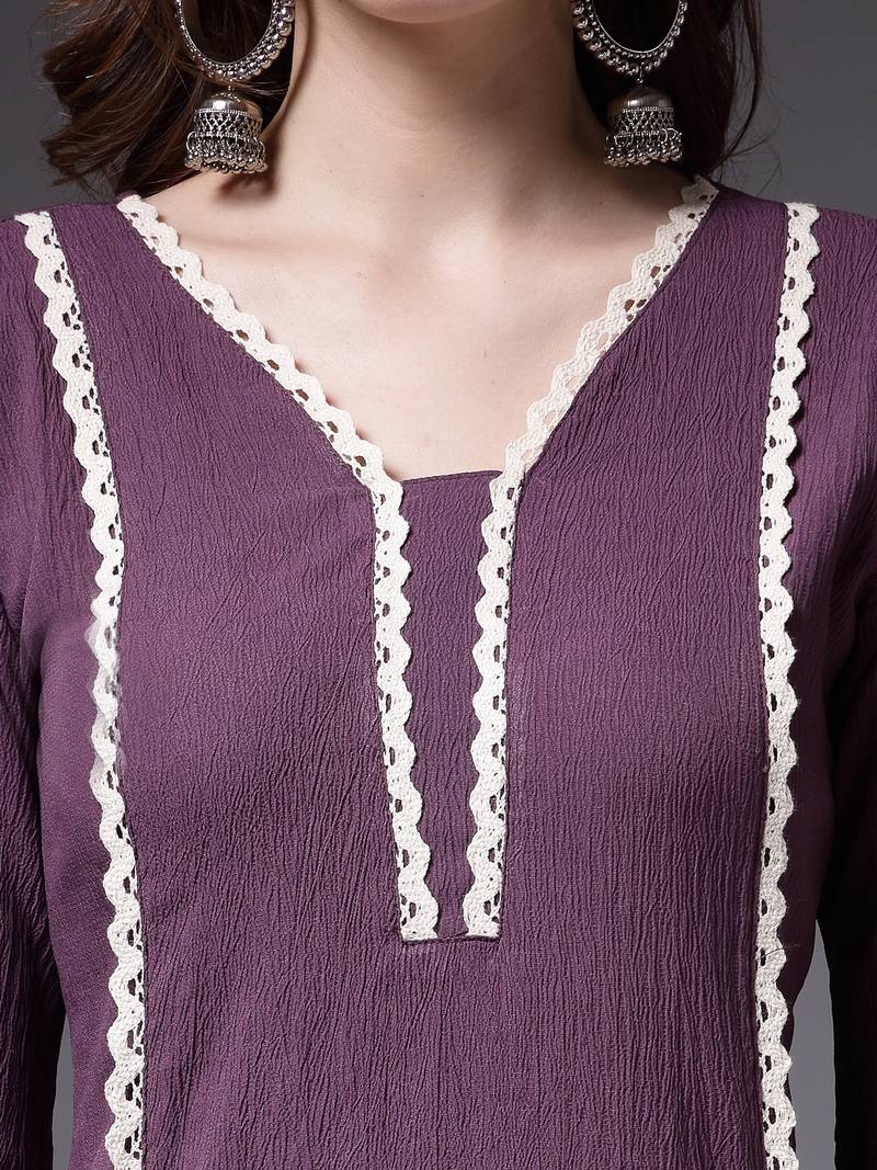 Women's Solid & Embellished Silk Crepe Straight Kurta Pant Dupatta Set