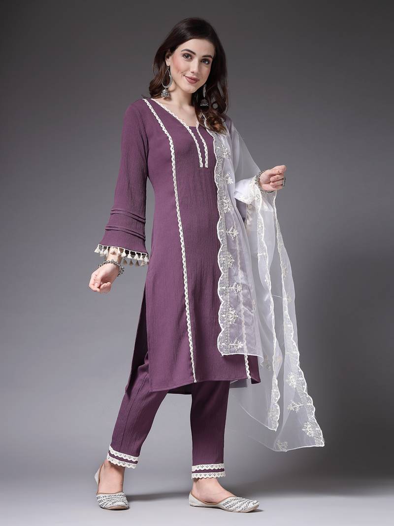 Women's Solid & Embellished Silk Crepe Straight Kurta Pant Dupatta Set