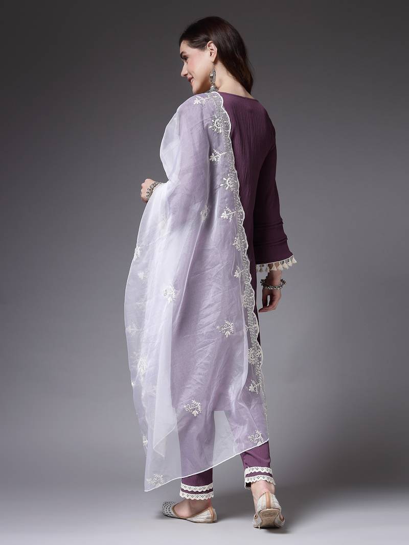 Women's Solid & Embellished Silk Crepe Straight Kurta Pant Dupatta Set