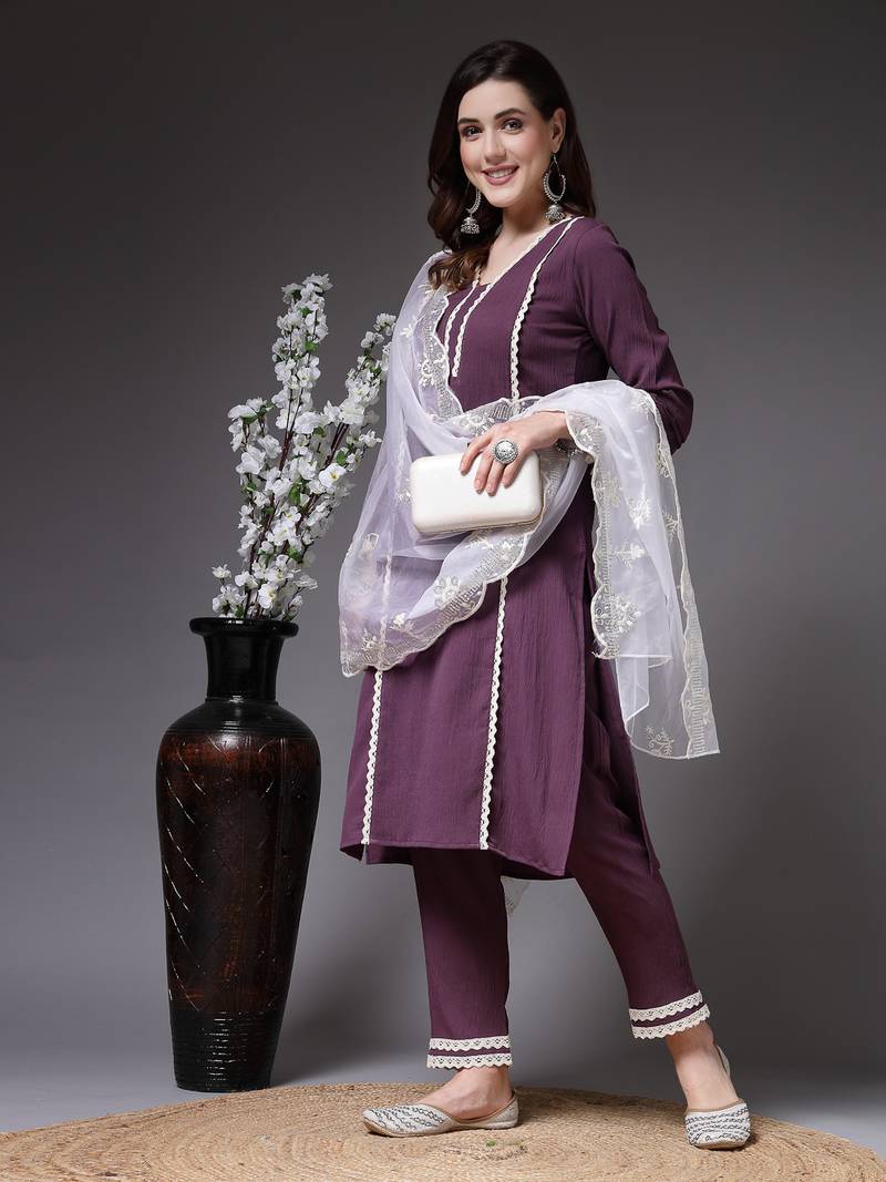 Women's Solid & Embellished Silk Crepe Straight Kurta Pant Dupatta Set