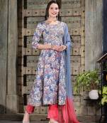 Women's Floral Printed & Embroidered Cotton Blend Anarkali Kurta Pant Dupatta Set