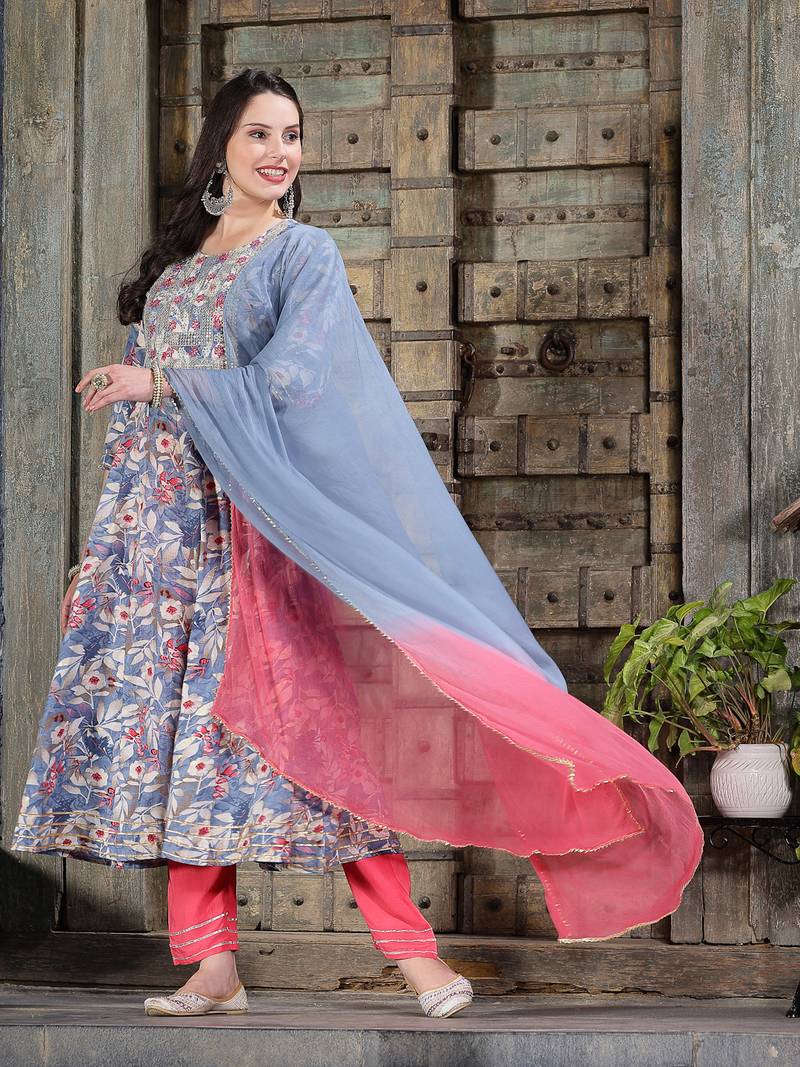 Women's Floral Printed & Embroidered Cotton Blend Anarkali Kurta Pant Dupatta Set