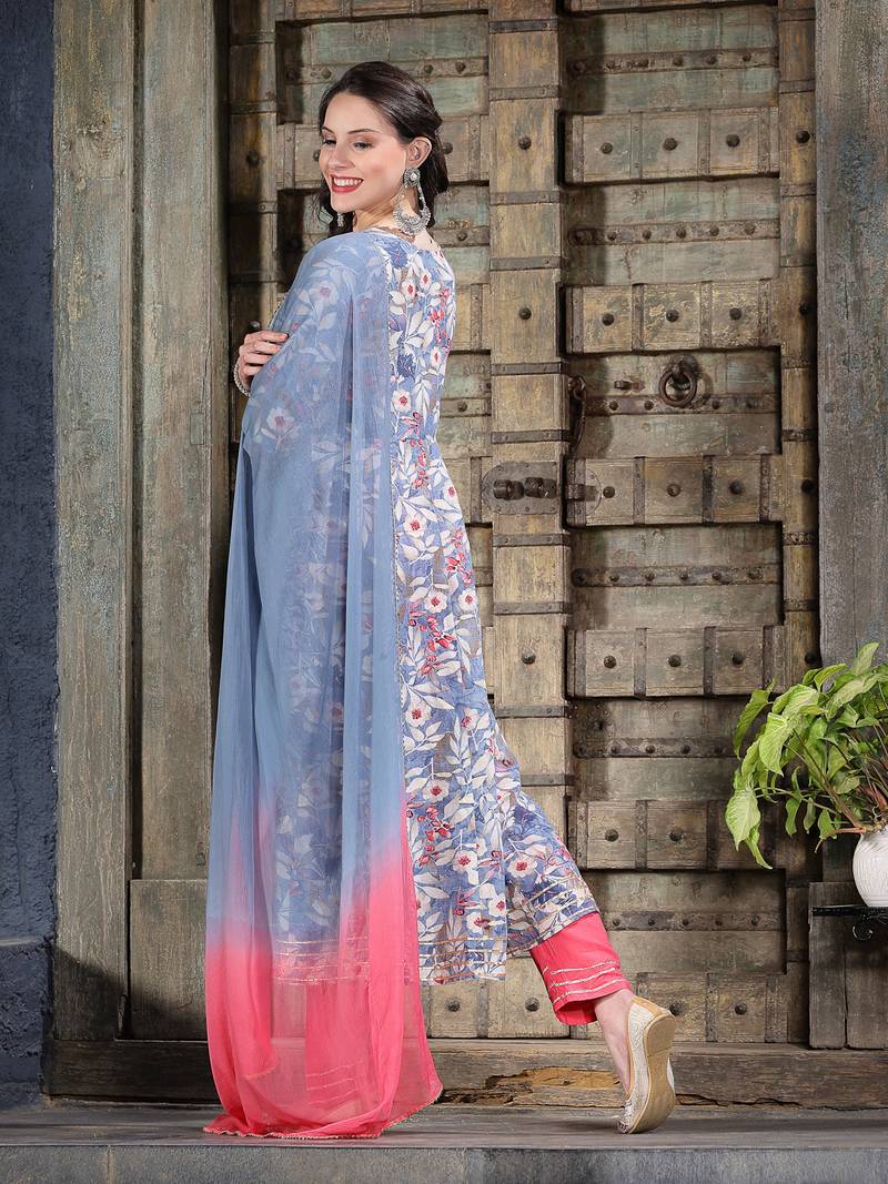Women's Floral Printed & Embroidered Cotton Blend Anarkali Kurta Pant Dupatta Set