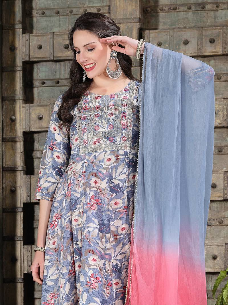 Women's Floral Printed & Embroidered Cotton Blend Anarkali Kurta Pant Dupatta Set