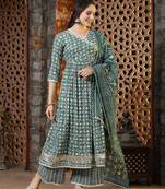 Women's Floral Printed Cotton Blend Angrakha Kurta Palazzo Dupatta Set