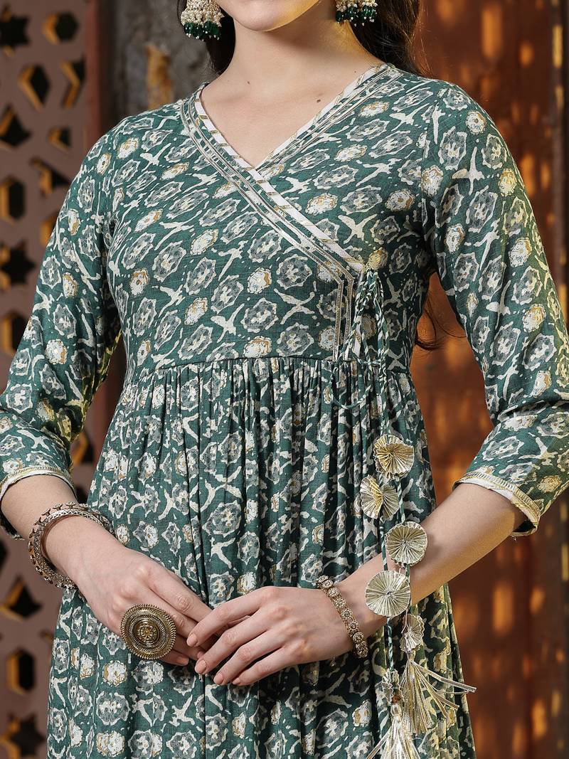 Women's Floral Printed Cotton Blend Angrakha Kurta Palazzo Dupatta Set