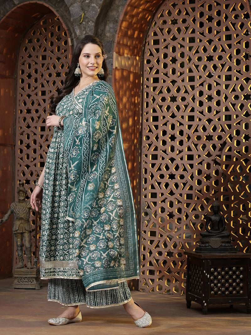 Women's Floral Printed Cotton Blend Angrakha Kurta Palazzo Dupatta Set