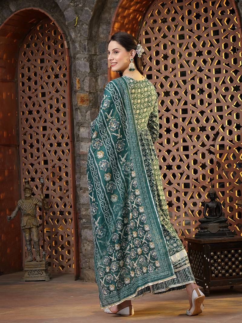 Women's Floral Printed Cotton Blend Angrakha Kurta Palazzo Dupatta Set