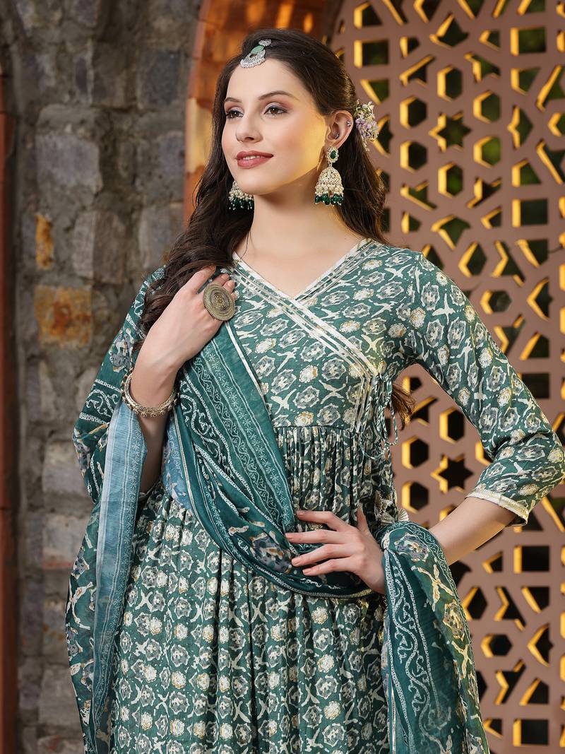 Women's Floral Printed Cotton Blend Angrakha Kurta Palazzo Dupatta Set