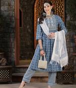 Women's Printed & Embroidered Cotton Naira Cut Kurta Pant Dupatta Set