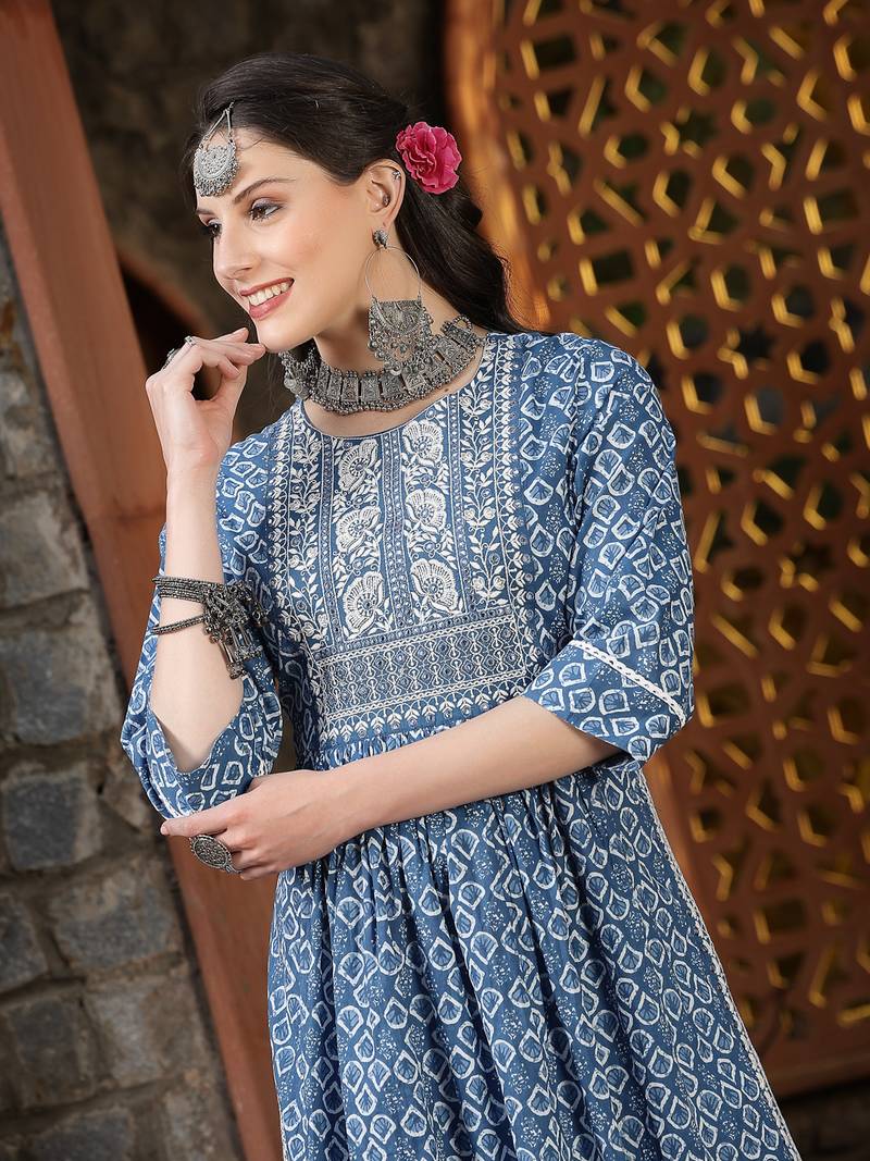 Women's Printed & Embroidered Cotton Naira Cut Kurta Pant Dupatta Set