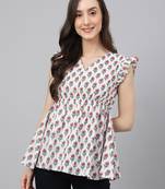 Janasya women's white cotton floral print flared top
