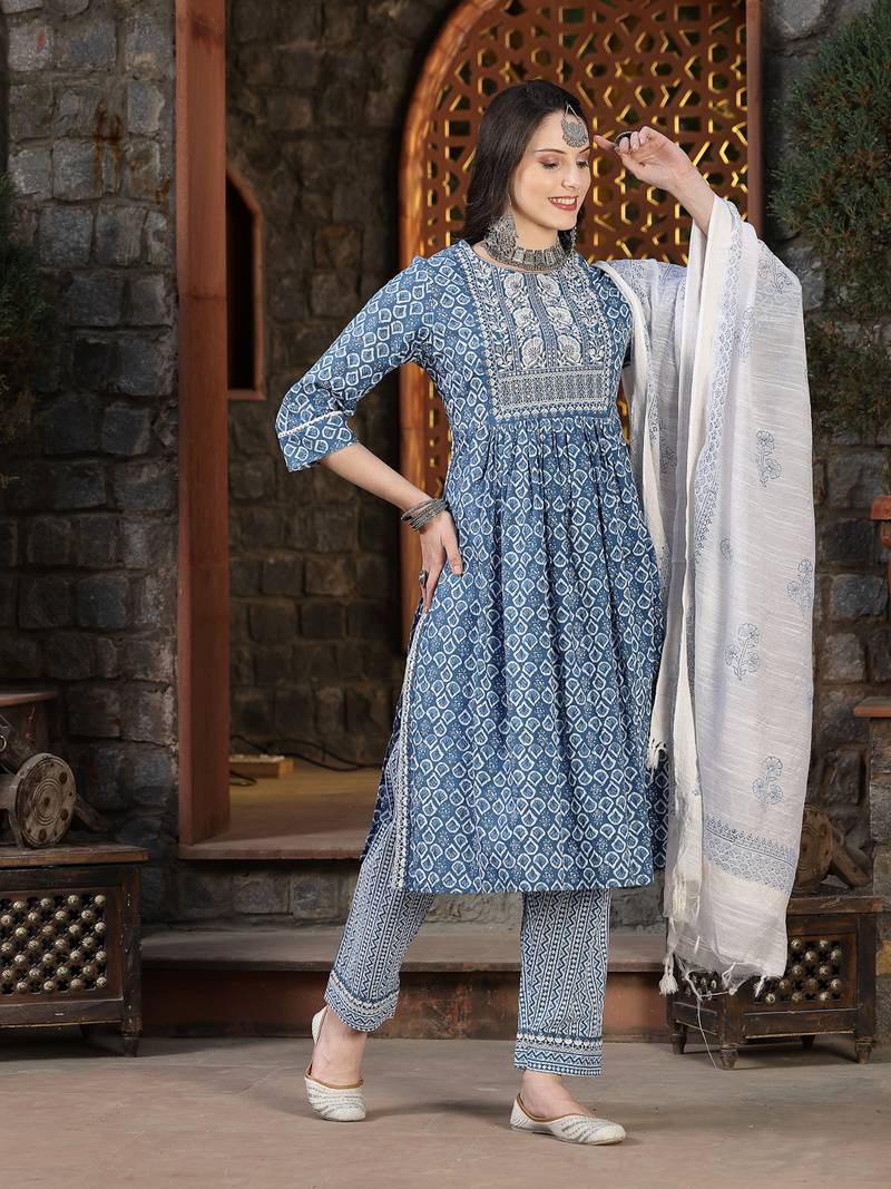 Women's Printed & Embroidered Cotton Naira Cut Kurta Pant Dupatta Set
