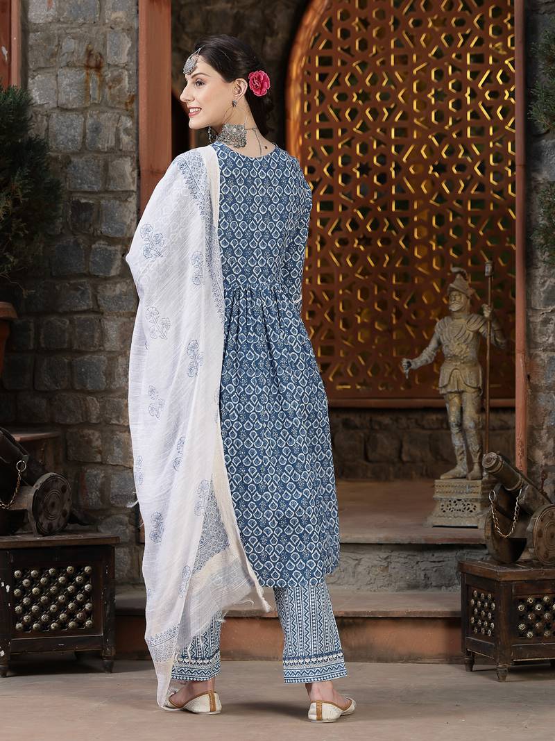 Women's Printed & Embroidered Cotton Naira Cut Kurta Pant Dupatta Set