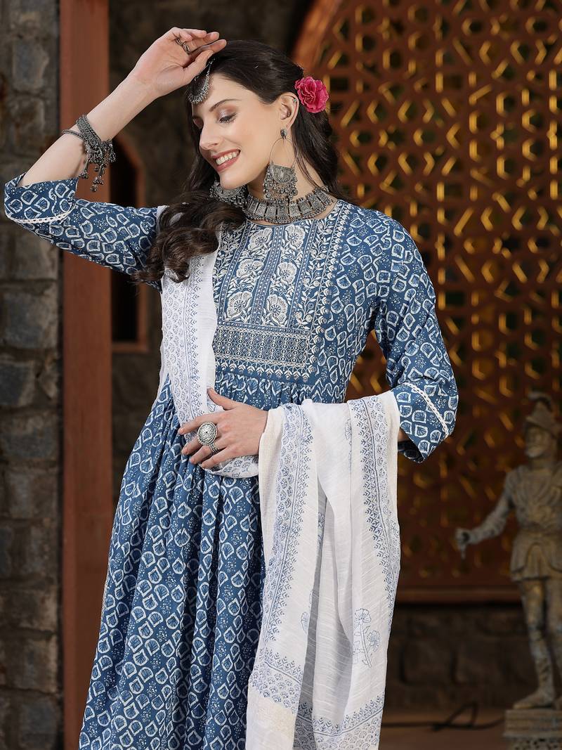 Women's Printed & Embroidered Cotton Naira Cut Kurta Pant Dupatta Set