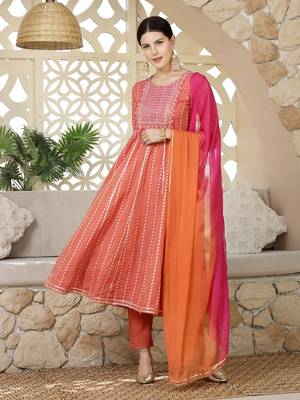 Women's Woven Designed & Embroidered Cotton Blend Anarkali Kurta Pant Dupatta Set 1