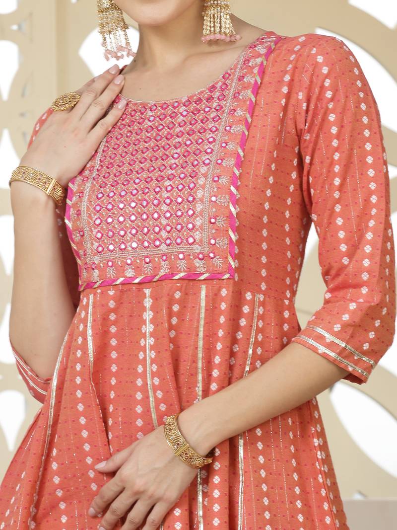 Women's Woven Designed & Embroidered Cotton Blend Anarkali Kurta Pant Dupatta Set