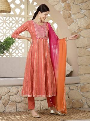 Women's Woven Designed & Embroidered Cotton Blend Anarkali Kurta Pant Dupatta Set 3