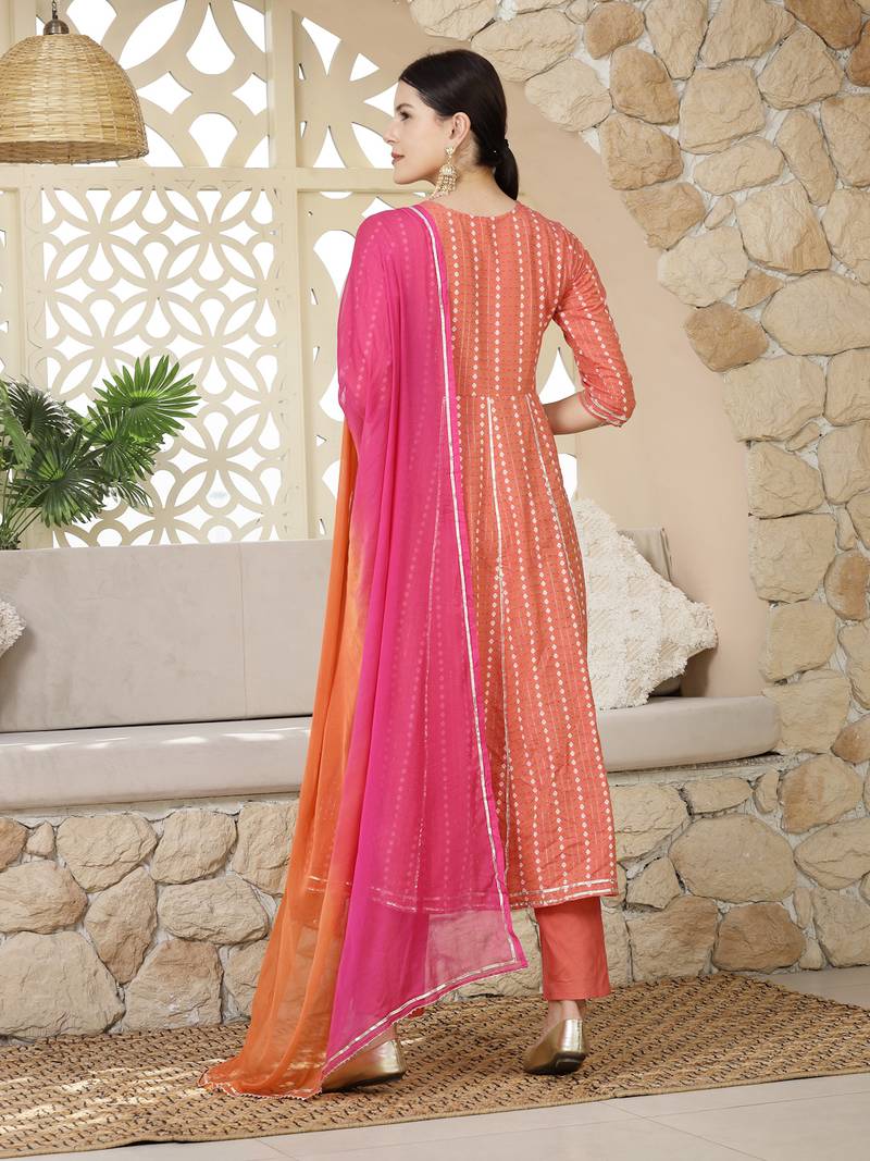 Women's Woven Designed & Embroidered Cotton Blend Anarkali Kurta Pant Dupatta Set