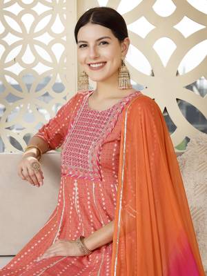 Women's Woven Designed & Embroidered Cotton Blend Anarkali Kurta Pant Dupatta Set 5
