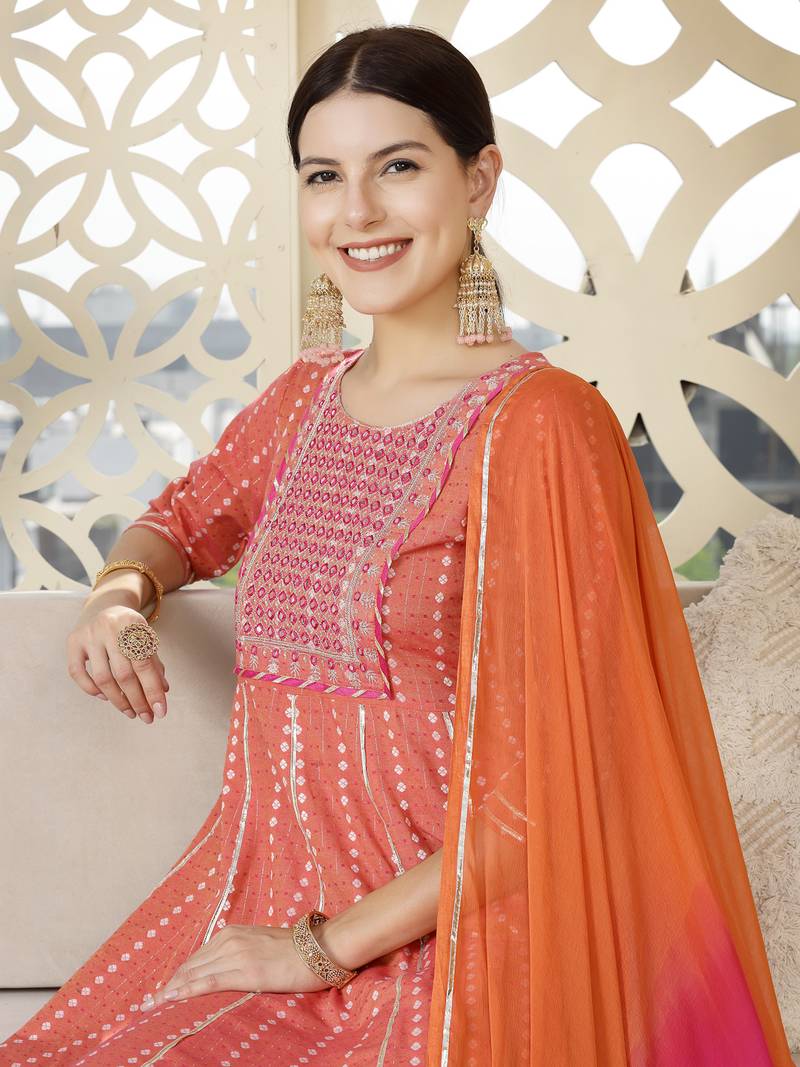 Women's Woven Designed & Embroidered Cotton Blend Anarkali Kurta Pant Dupatta Set