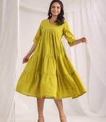 Janasya women's green dobby cotton woven design tiered dress