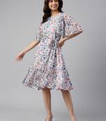 Janasya women's peach moss floral printed a line dress