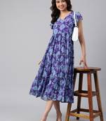 Janasya women's pink moss diigital floral printed flared dress