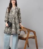 Janasya women's black cotton floral print flared tunic