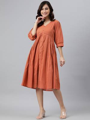 Janasya women's teal cotton schiffli flared dress 1
