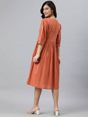 Janasya women's teal cotton schiffli flared dress 4