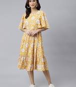 Janasya women's maroon cotton ethnic motifs printed flared dress