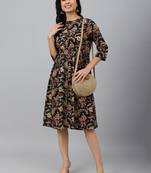 Janasya women's orange cotton ethnic motifs printed ruffled dress